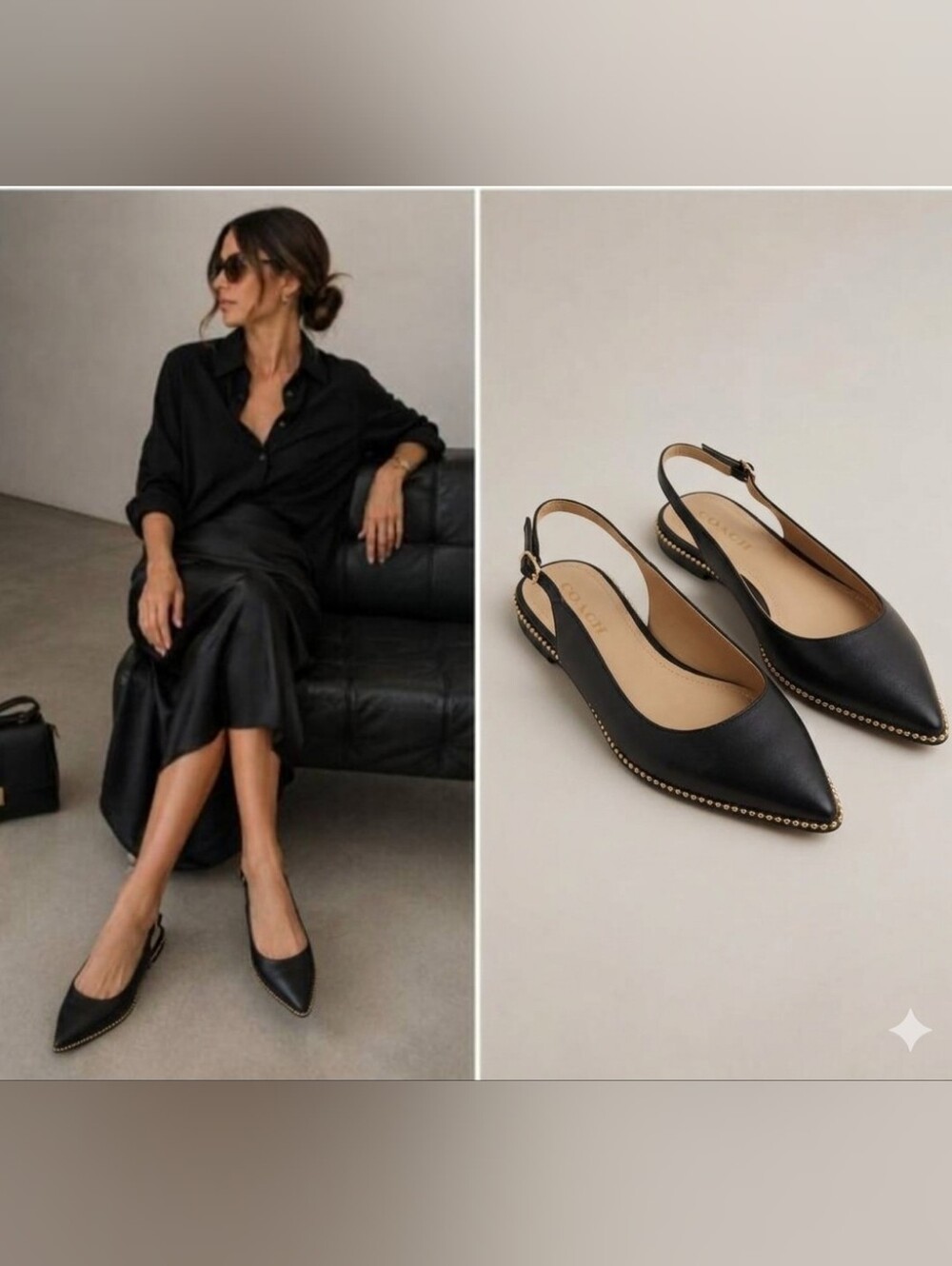 COACH Vae Leather Skimmer Black Studded Slingback Flats Size 10